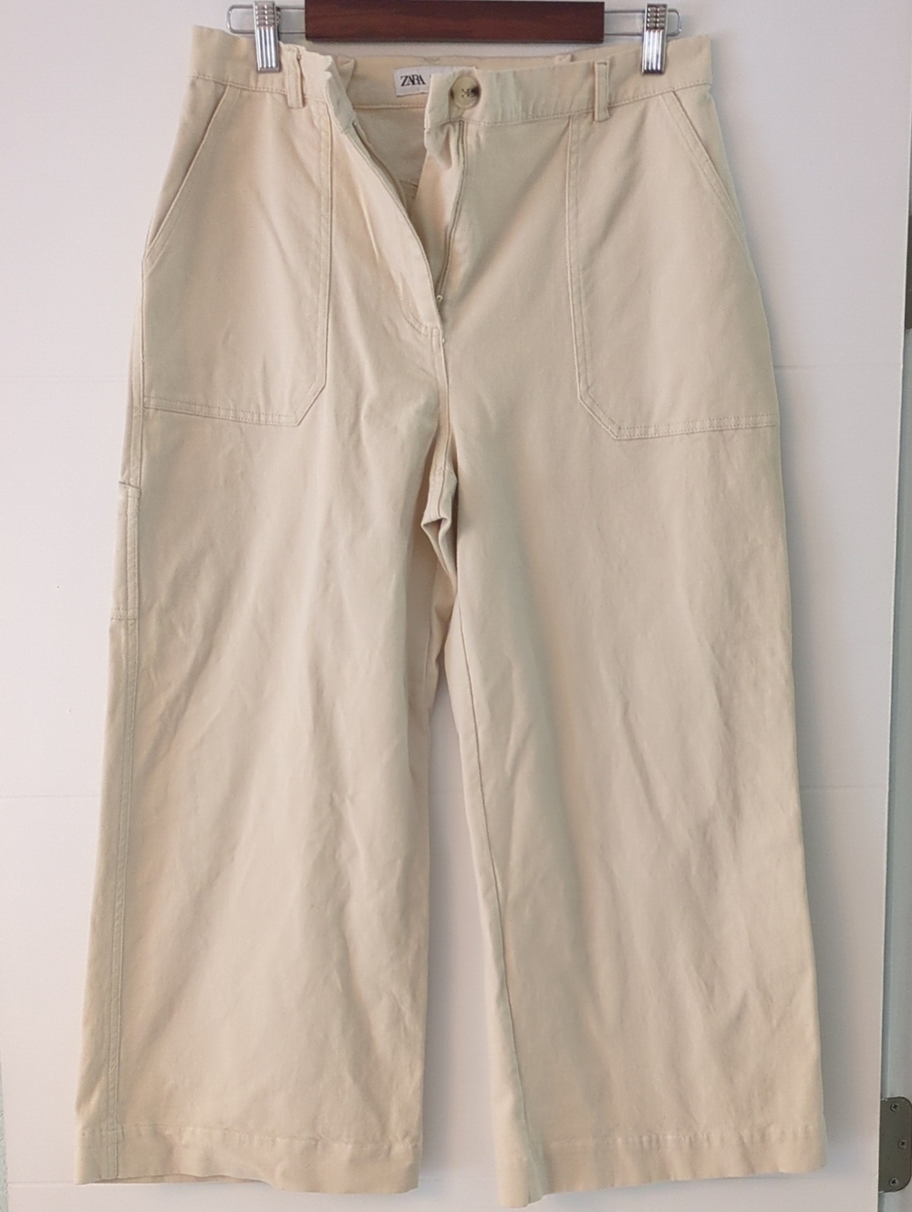 Zara Neutral Cream Wide-Leg High Rise Ankle Cropped Utility Trousers Sz XL
